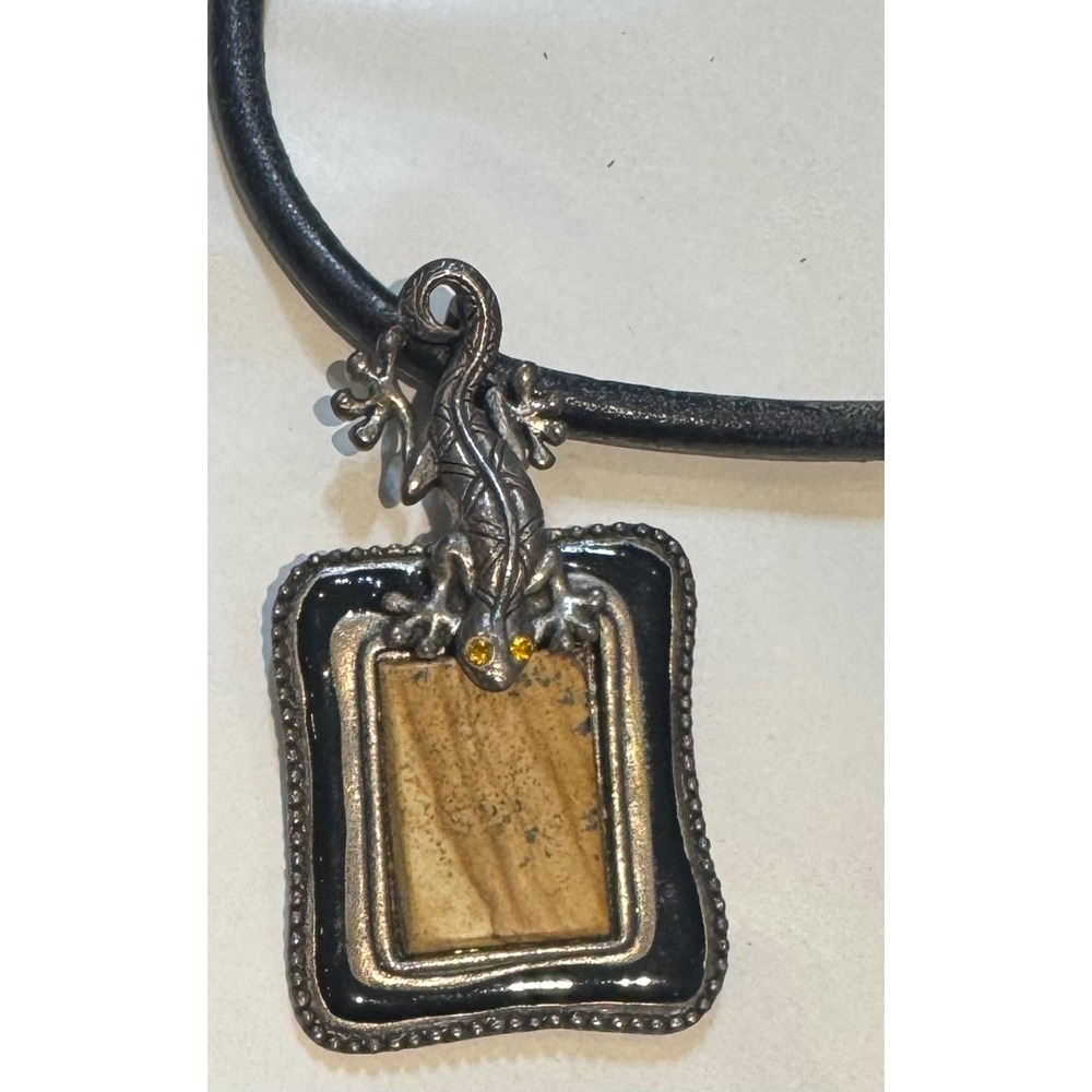 Chico's Women's Black Silver Lizard Jasper Stone Pendant Cord Necklace OS